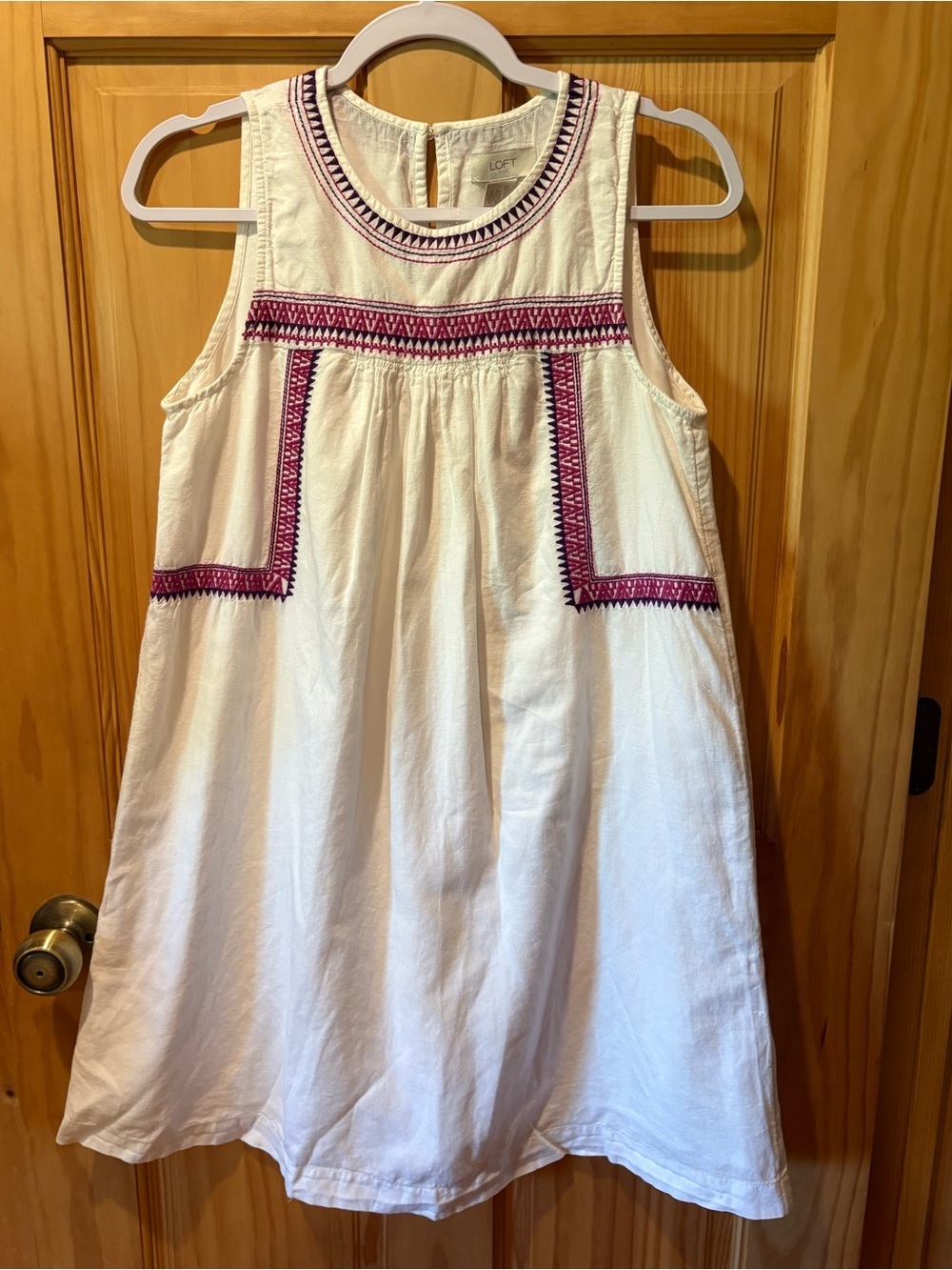 LOFT White Cotton Linen Embroidered Boho Shift Dress women’s size S